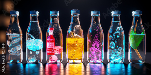 a row of colorful bottles with different colored liquids, Chromatic Display: Vibrant Bottles Featuring a Spectrum of Colored Liquids