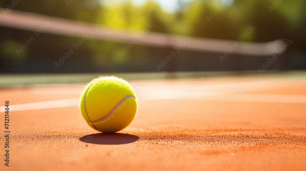 yellow tennis ball on the corner line of a clay tennis