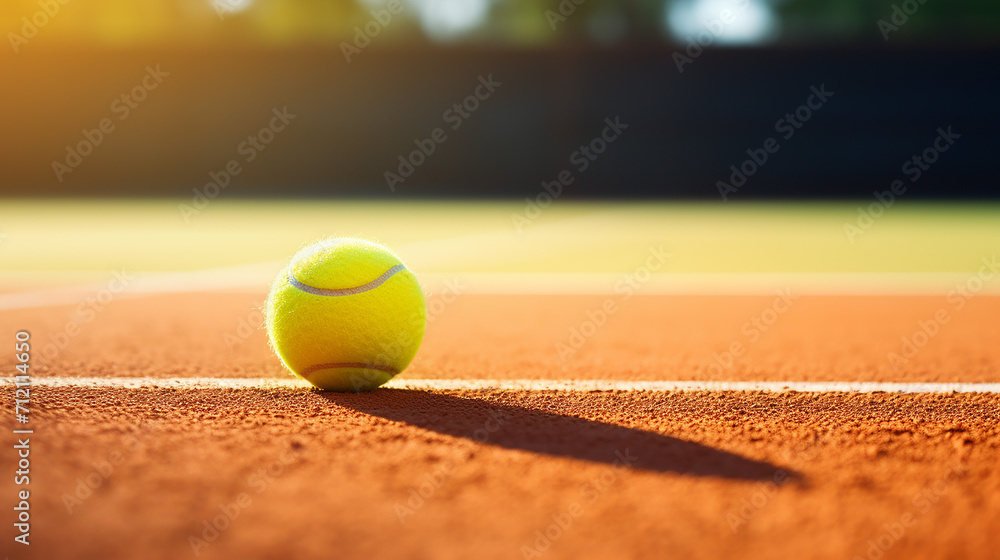 yellow tennis ball on the corner line of a clay tennis