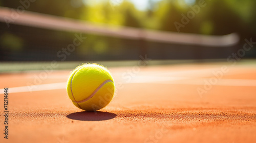 yellow tennis ball on the corner line of a clay tennis © Aura