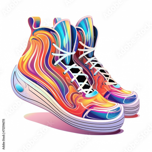 A pair of high-top sneakers with a swirling color design.