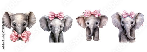 grey calf elephant with a pink bow on head watercolor