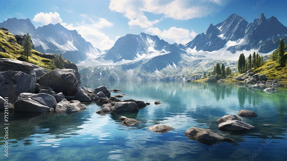 Photo Realistic Pristine Alpine Lake rock - obrazy, fototapety, plakaty 