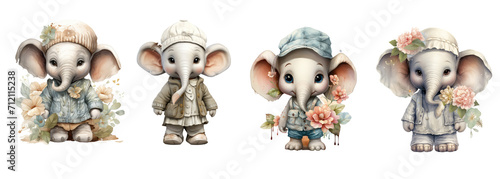 Cute baby elephant dressed in vintage clothes photo