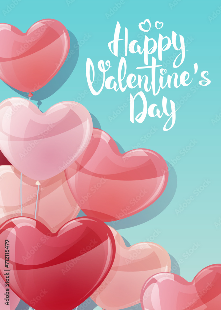 Card design for Valentine s Day and Mother s Day. Poster, banner with balloons on a blue background. Background with flying helium balloons in the shape of hearts.