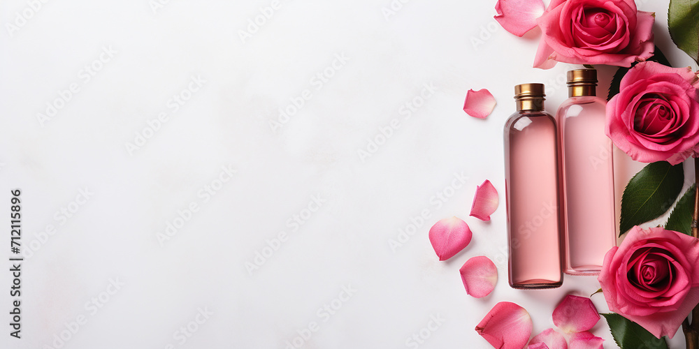 flat lay with a bottle of rose oil and rose flowers. essential oil flat lay with a bottle of rose oil and rose flowers. essential oil