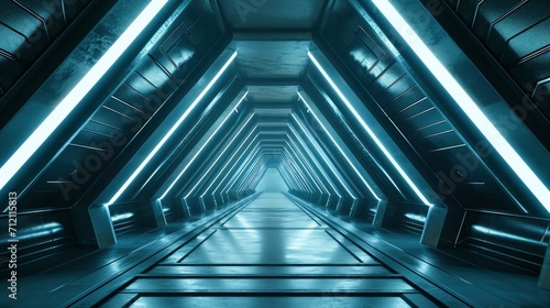 Abstract Triangle Spaceship corridor. Futuristic tunnel with light. Future interior background  business  sci-fi science concept. 3d rendering