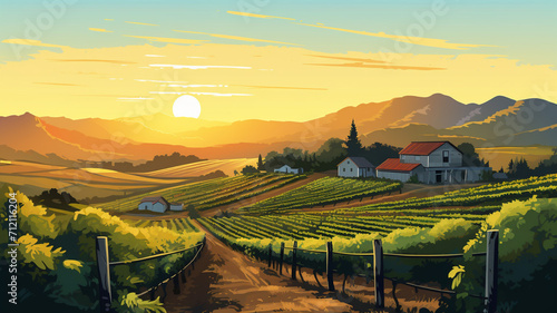 Vector Illustration Sunrise over Vineyard A vibrant