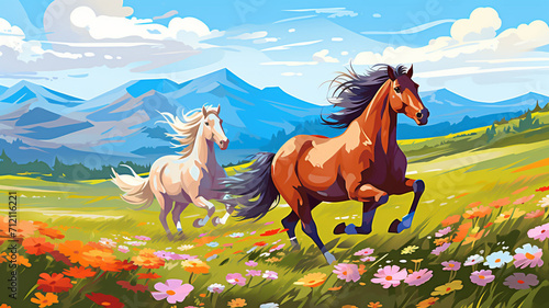 Vector Illustration Spring Meadow with Wild Horses field © BornHappy