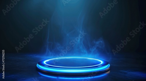 Blue hologram portal. Magic fantasy portal. Magic circle teleport podium with hologram effect. Abstract high tech futuristic technology design. Round shape. Circle Sci-fi element light and lights.