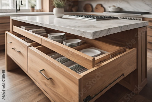 Close up of kitchen island with wooden drawers. Minimalist modern interior design of kitchen with shelves