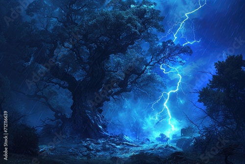 A fantasy scene of a lightning bolt striking an ancient tree in a mystical forest