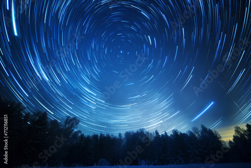 Starry sky revolves around the polar star. Leave traces in the form of lines. Winter, Russia