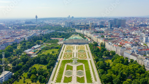 Vienna, Austria. Belvedere is a baroque palace complex in Vienna. Built by Lucas von Hildebrandt at the beginning of the 18th century, Aerial View photo