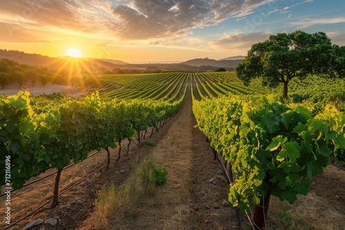 A picturesque vineyard landscape with rows of grapevines and a setting sun.