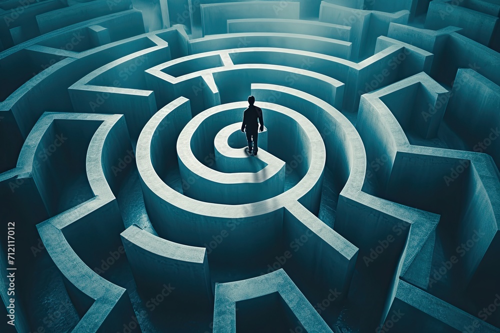 person navigating a maze or labyrinth, symbolizing problem-solving and strategy A person stuck in a maze trying to think of a way out . A businessman navigating through a maze