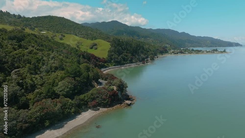 Aerial: meandering Coastline road and pohutukawa trees. Waiomu, Coromandel Peninsula, New Zealand. photo