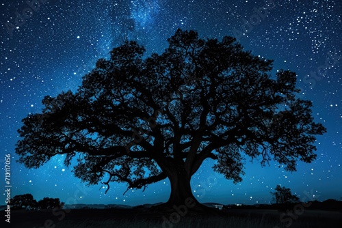 A silhouette of an ancient tree against a starry night sky  evoking a sense of mystery and timelessness.