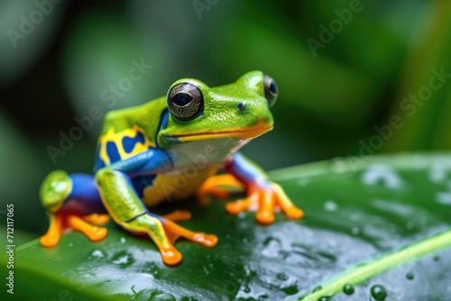 A small, colorful frog on a leaf, with a rainforest background © furyon
