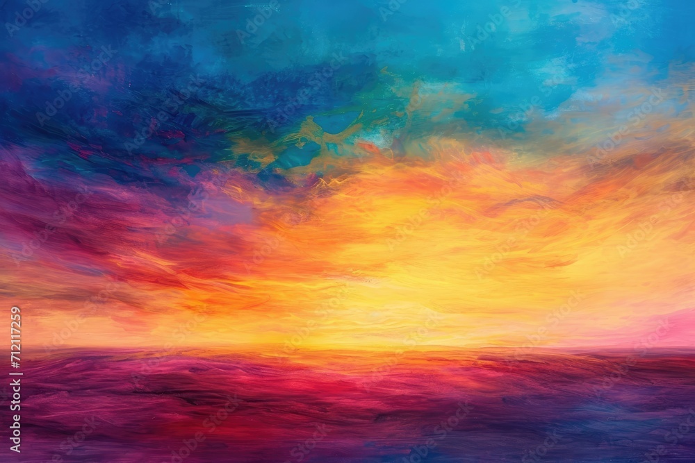 An abstract interpretation of a sunrise blending into a colorful, dreamy sky