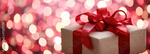 Gift box with red ribbon, valentine's day bokeh background