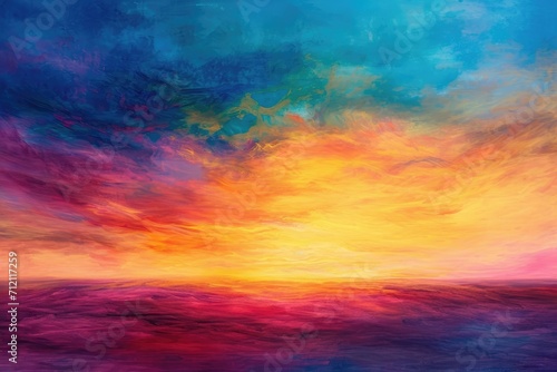 An abstract interpretation of a sunrise blending into a colorful, dreamy sky