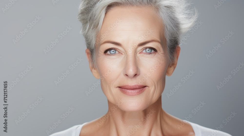 A close-up portrait of a beautiful charming middle-aged woman, looking great with wrinkled, well-groomed skin on her face on a gray background. Advertising age-related skin care. A close-up portrait of a beautiful charming middle-aged woman, looking great with wrinkled, well-groomed skin on her face on a gray background. Advertising age-related skin care.