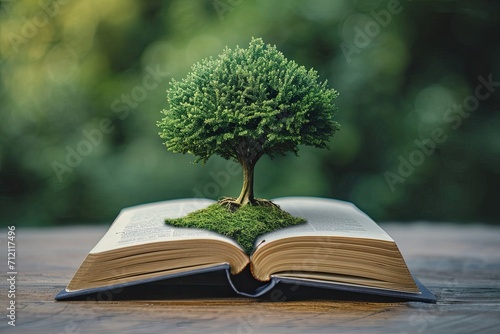 tree growing from an open book, symbolizing the growth of knowledge and ideas