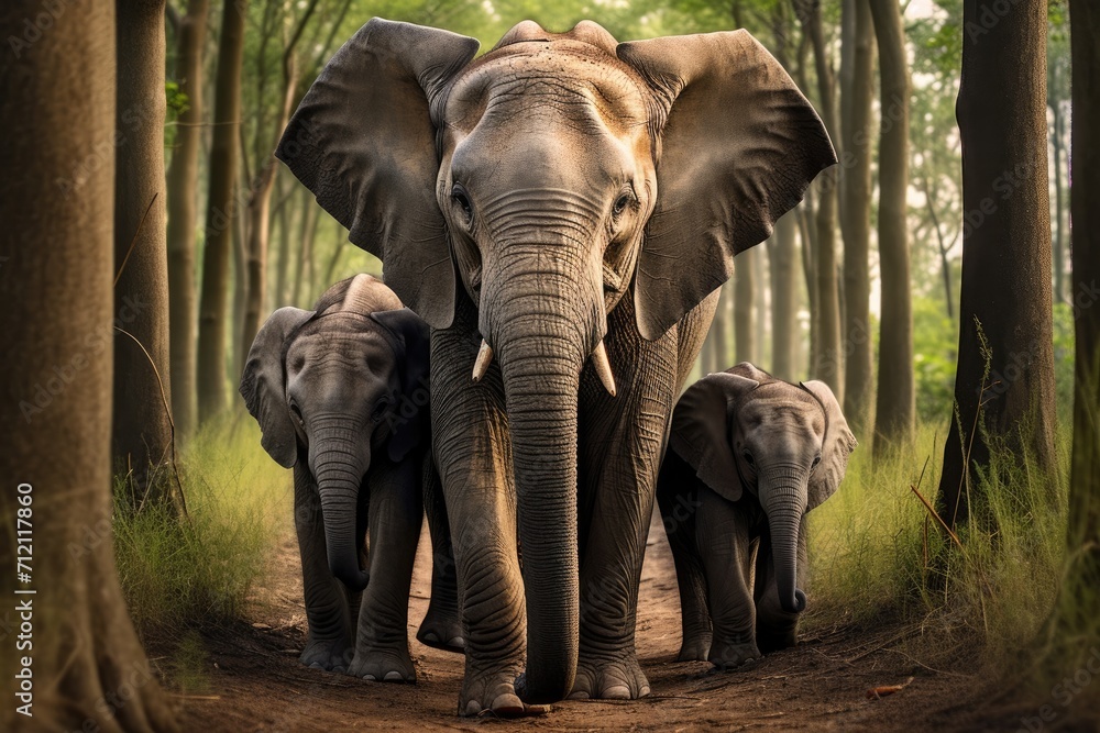 Fototapeta premium Elephant family walking in the forest. generative ai
