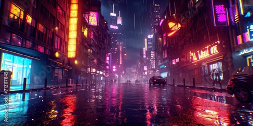 Photorealistic 3d illustration of the futuristic city in the style of cyberpunk. Empty street with neon lights. Beautiful night cityscape