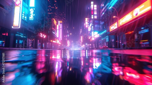 Photorealistic 3d illustration of the futuristic city in the style of cyberpunk. Empty street with neon lights. Beautiful night cityscape © MdKamrul