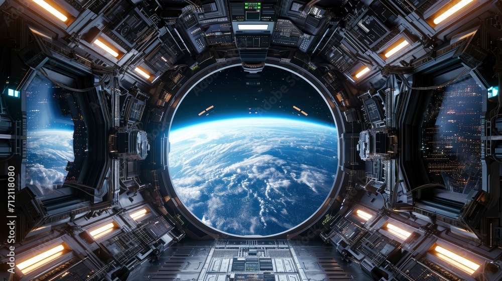 Spaceship futuristic interior with view on planet Earth. Spaceship futuristic interior with view on planet Earth.