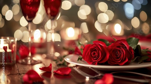 Romantic table setting for red roses and candlelight for Valentines dinner.