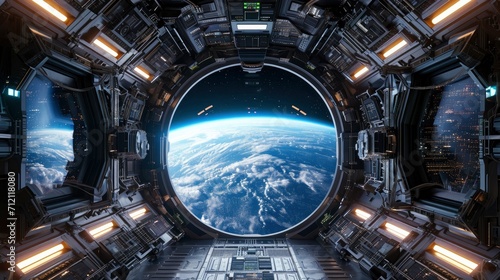 Fototapeta Naklejka Na Ścianę i Meble -  Spaceship futuristic interior with view on planet Earth.
