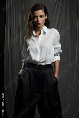 white shirt with wide leg trousers in black in the style of formal