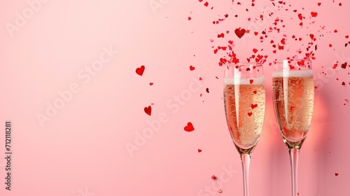 Two champagne glasses with splash of red heart shaped confetti over pink background.