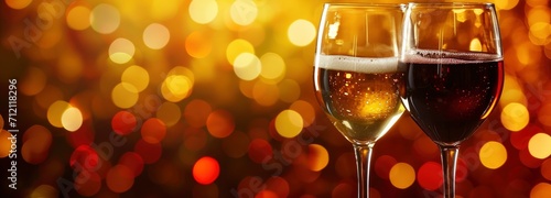 Two glasses of wine on bokeh background