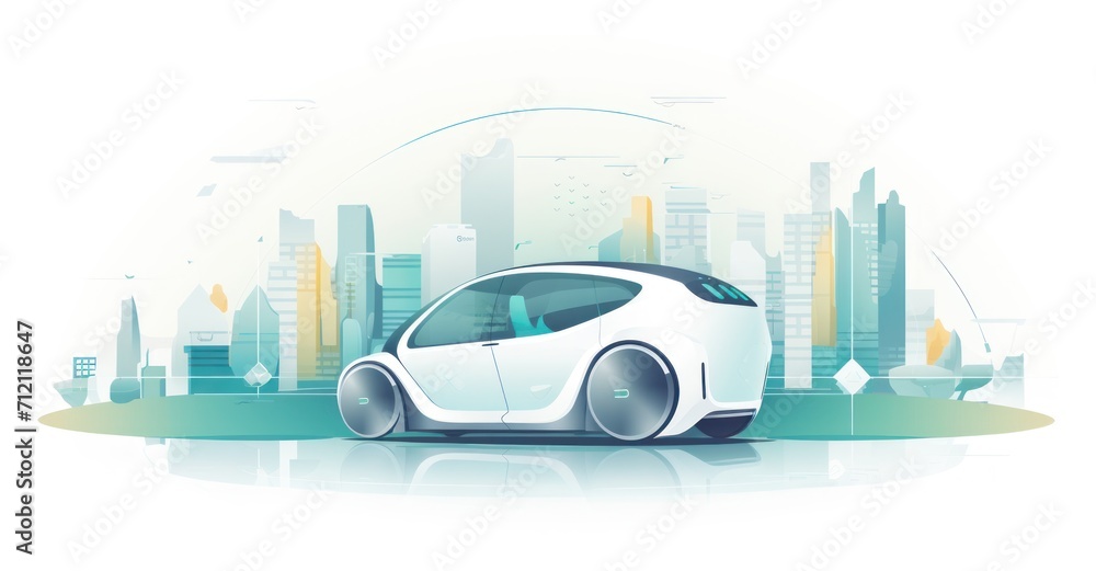 Sleek self-driving electric car navigating a futuristic smart city.