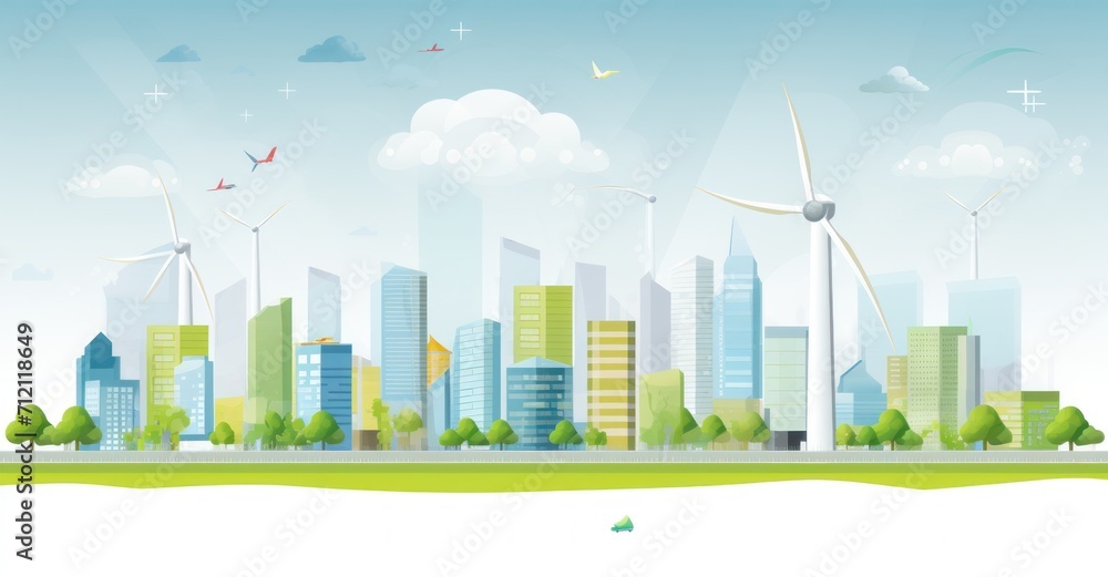 Futuristic eco-friendly city powered by renewable energy sources.
