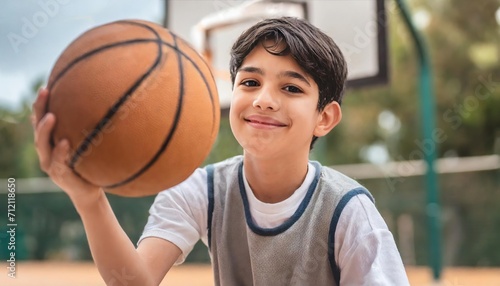 A young boy practices his basketball skills, aiming for the basket