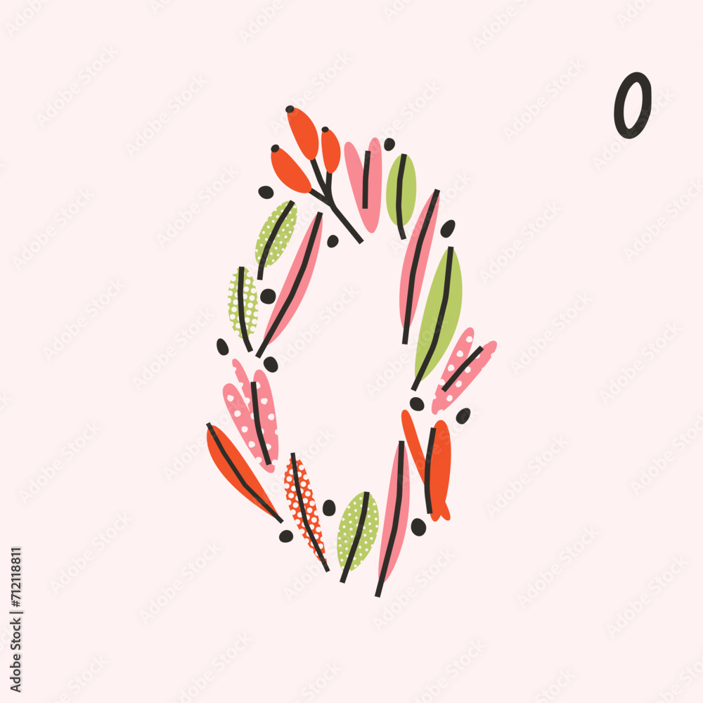 The number zero made of flowers and leaves. Floral vector illustration, design, print, design element