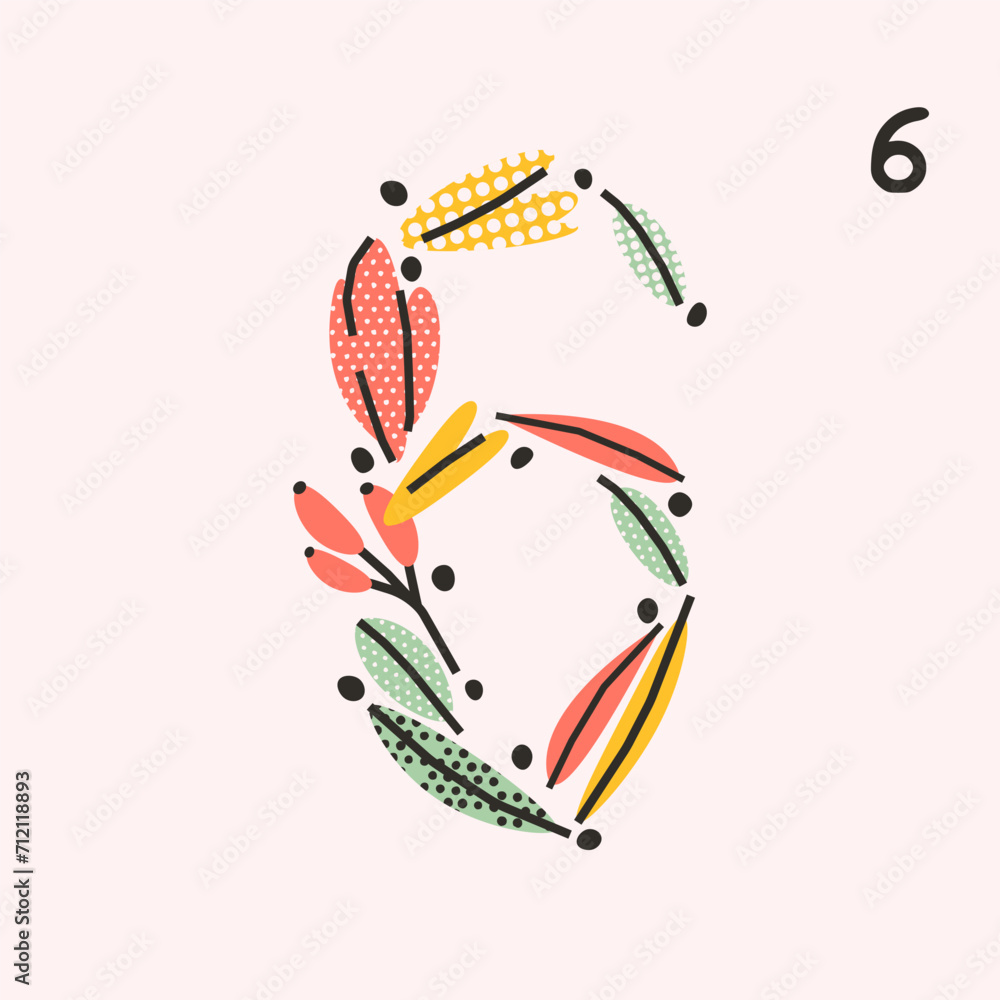 The number six made of flowers and leaves. Floral vector illustration, design, print, design element