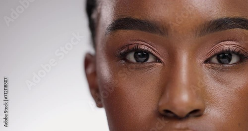 Eyes, skincare mockup and face of black woman on white background for wellness, cosmetics and beauty. Dermatology, spa and closeup portrait of person for natural, healthy skin and makeup in studio photo