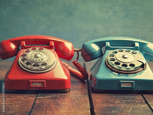 Blue and red vintage telephones photo