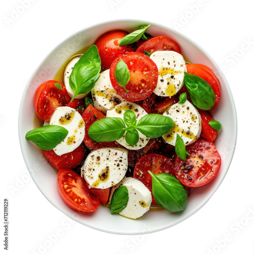 Delicious caprese salad in a bowl, top view, Italian food, transparent or isolated on white background