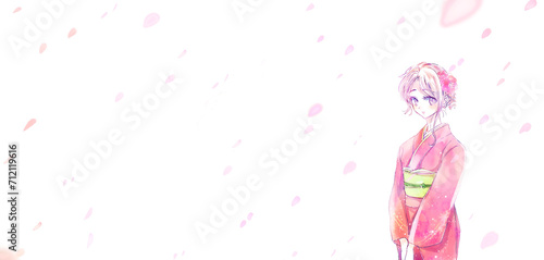 振袖を着た金髪の女性 桜吹雪