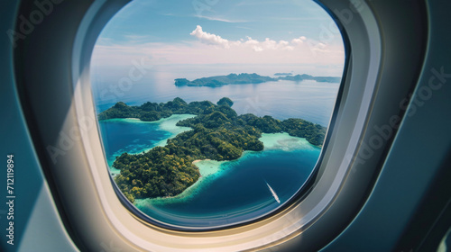 View of a tropical island from the plane porthole.
