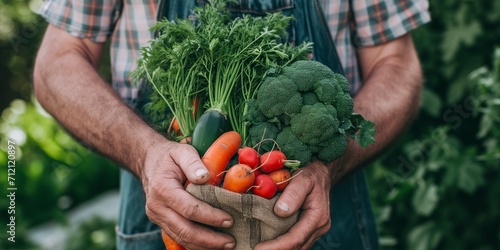 Smiling organic farmer holding freshly vegetables