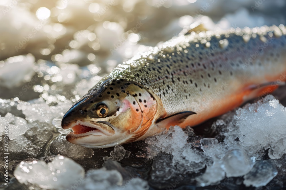 Close up photo of salmon fish carcass on ice Close up photo of salmon fish carcass on ice