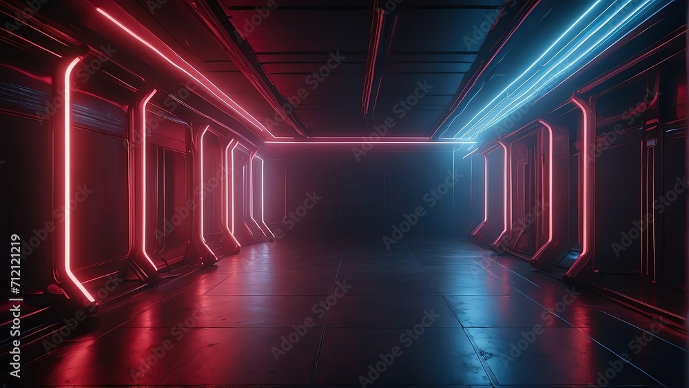 Cyber club neon light stage room with a square tunnel and red neon glowing lights, laser lines, and LED lighting from Generative AI